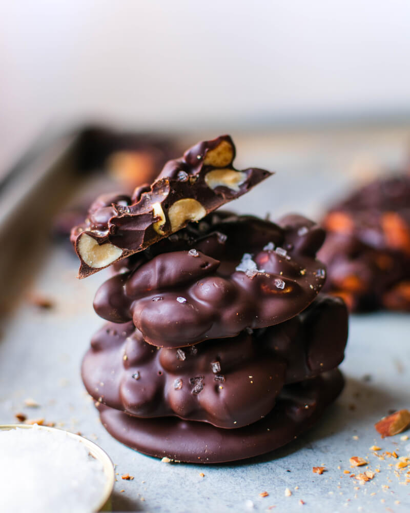 Chocolate Almond Clusters on a cookie sheet